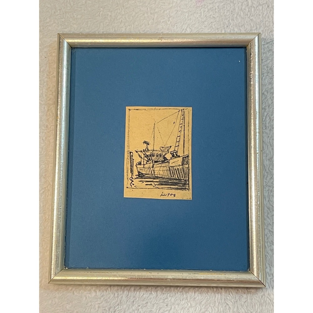 Vintage John D Lutes Jr Signed Nautical Ink Sketch Miniature Framed Boat Art